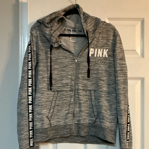 PINK hoodie large Victoria’s Secret women’s sweatshirt long sleeves grey zip up - Picture 8 of 12
